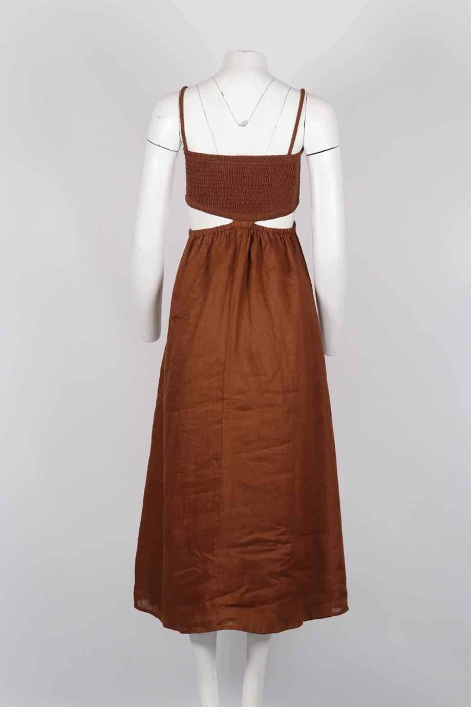 FAITHFUL THE BRAND SHIRRED CUTOUT LINEN MIDI DRESS XSMALL