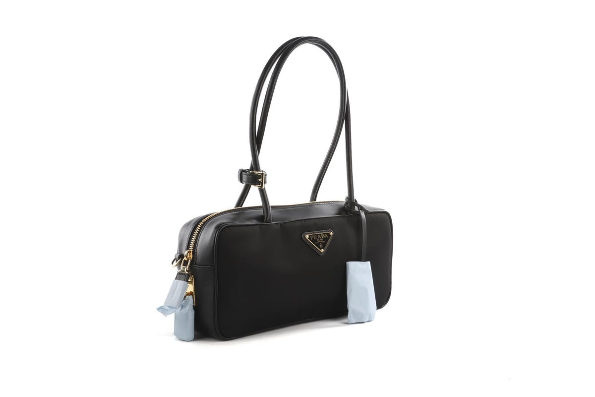 PRADA BLACK RE-NYLON LEATHER AND NYLON SHOULDER BAG