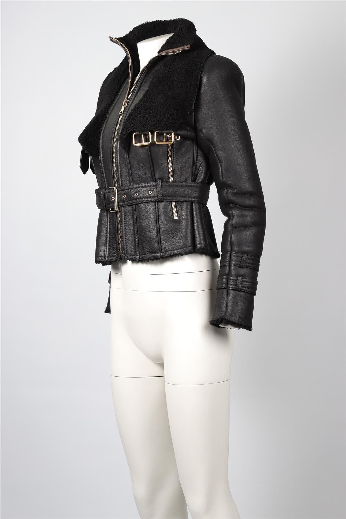 BALMAIN BLACK SHEARLING AND LEATHER JACKET FR 36 UK 8