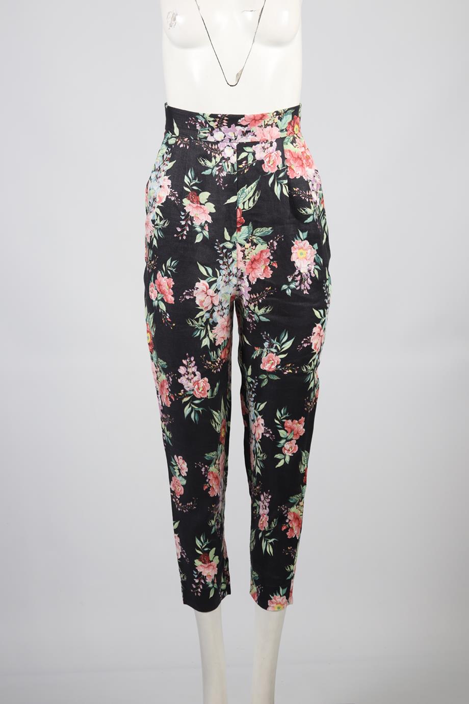 ZIMMERMANN FLORAL PRINT LINEN TAPERED PANTS UK 8