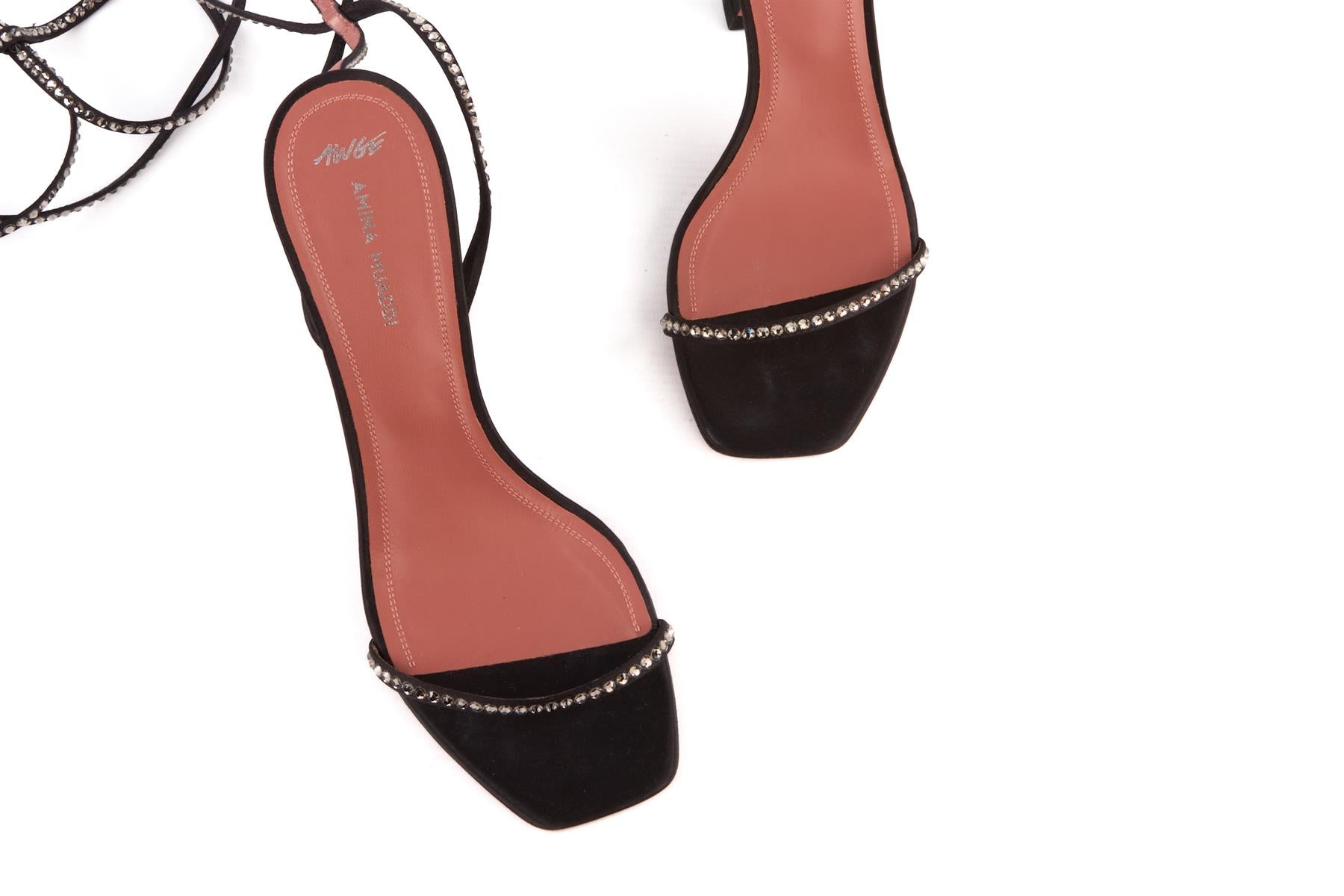 AMINA MUADDI + AWGE LSD BLACK CRYSTAL AND SATIN SANDALS EU 40 UK 7 US 10