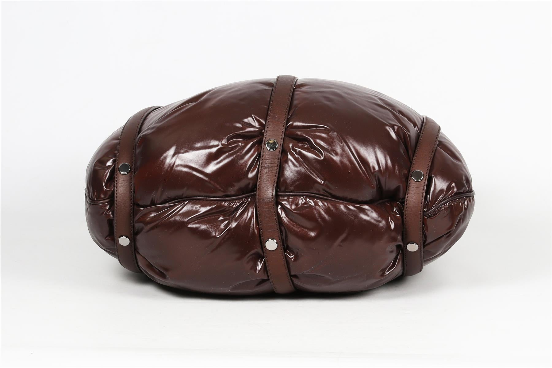 MONCLER BROWN LEATHER AND PADDED DOWN SHELL SHOULDER BAG