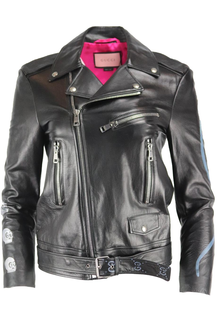 GUCCI PRINTED LEATHER BIKER JACKET IT 36 UK 4