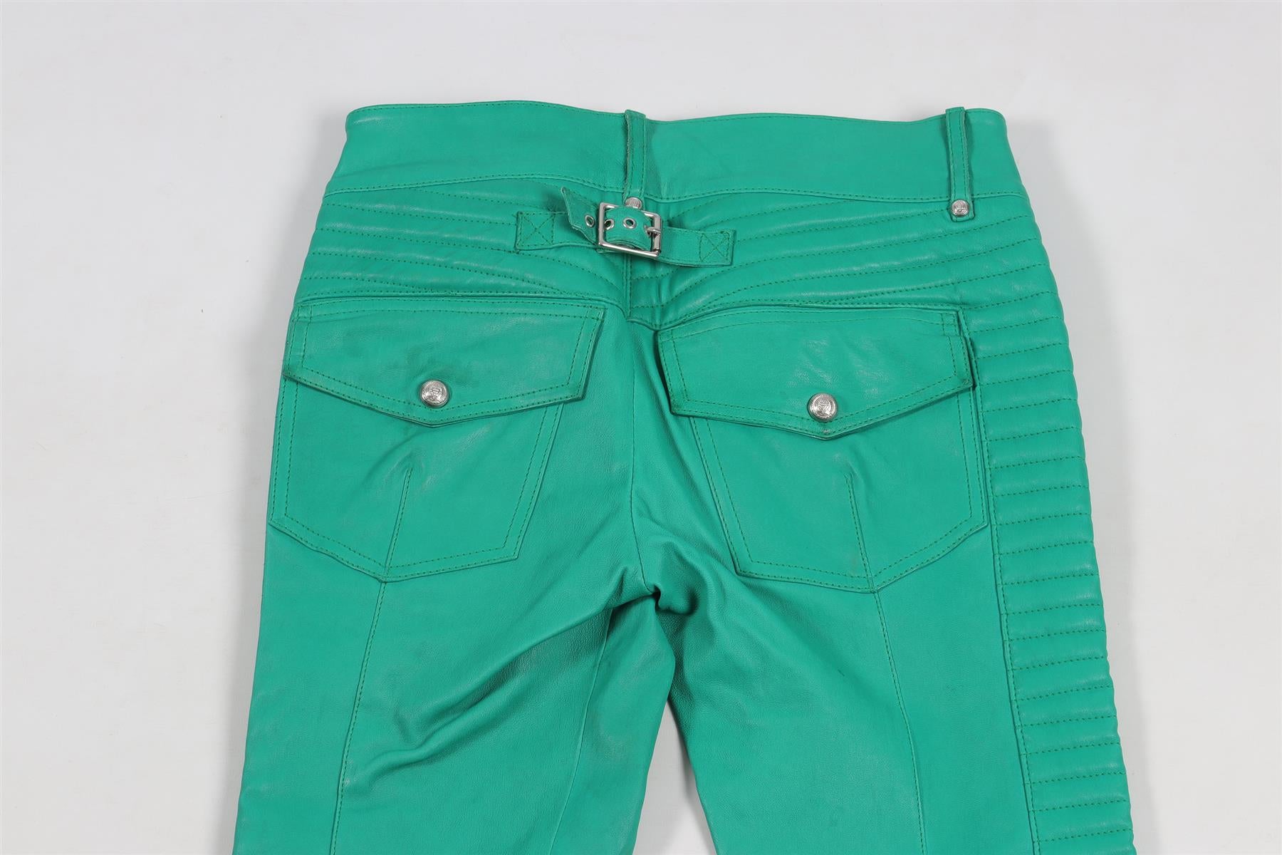 BALMAIN GREEN LEATHER SKINNY PANTS FR 38 UK 10