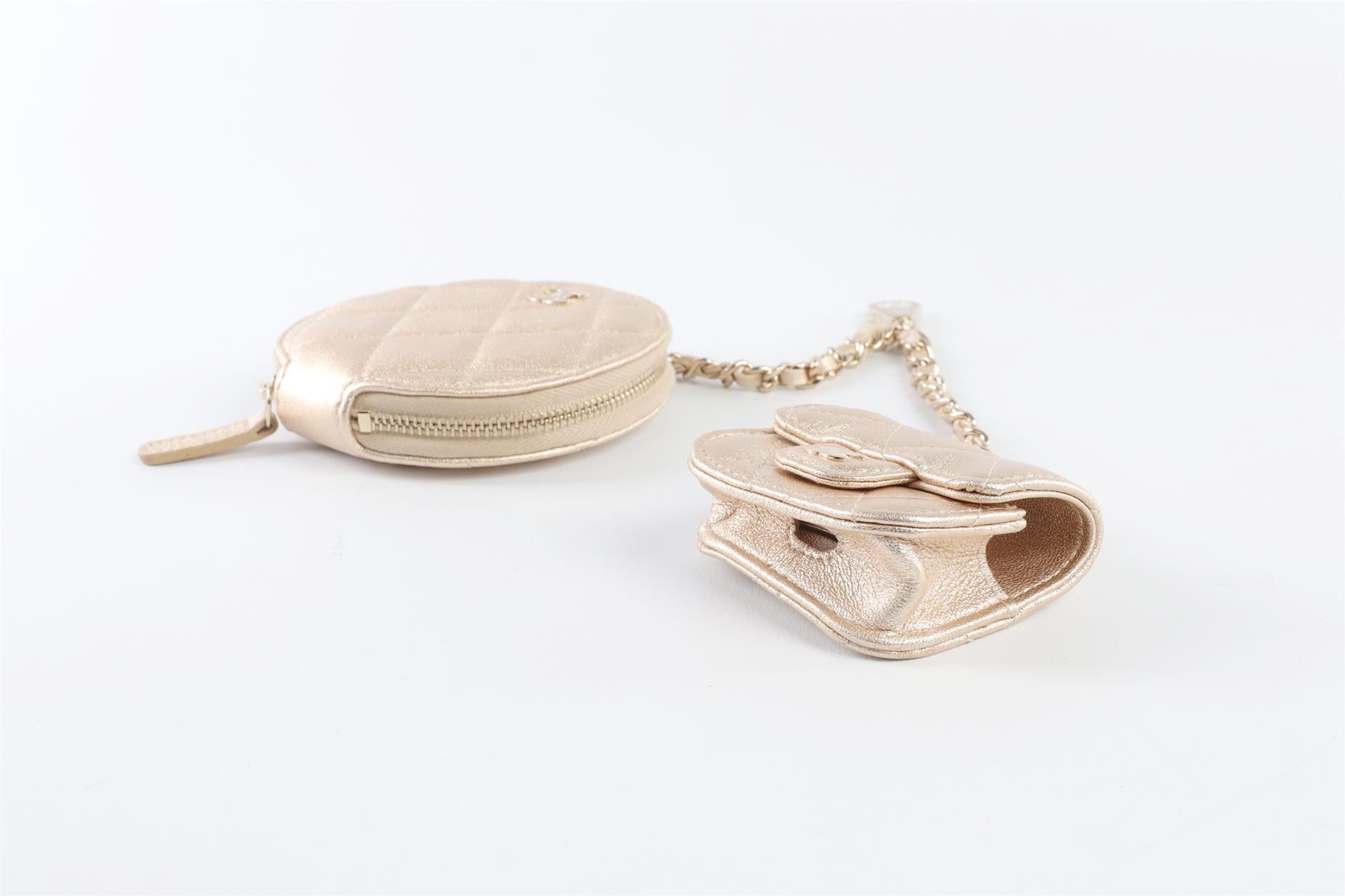 CHANEL GOLD 2014 QUILTED LEATHER AIRPOD CASE AND COIN PURSE