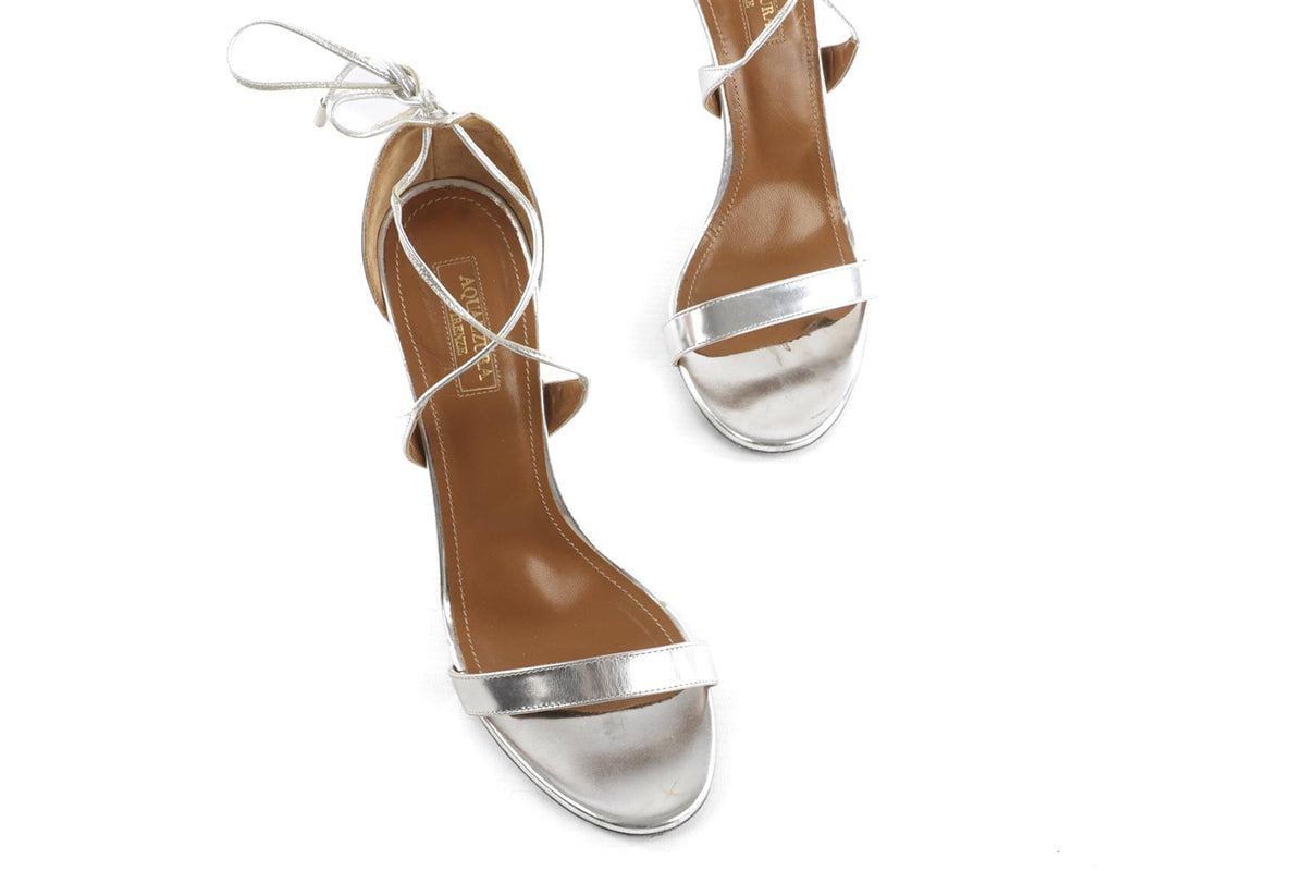 AQUAZZURA SILVER PATENT LEATHER SANDALS EU 38 UK 5 US 8