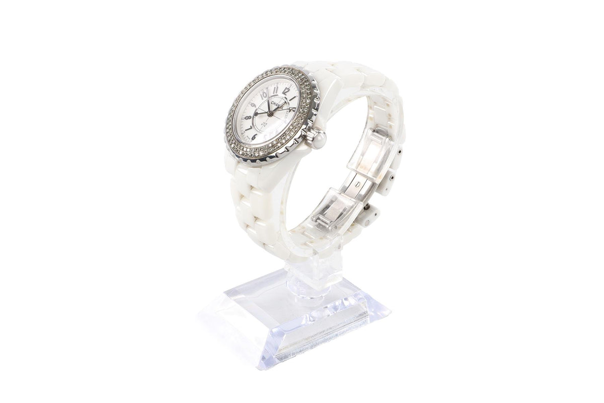 CHANEL WHITE J12 33 MM DIAMOND AND CERAMIC WRIST WATCH