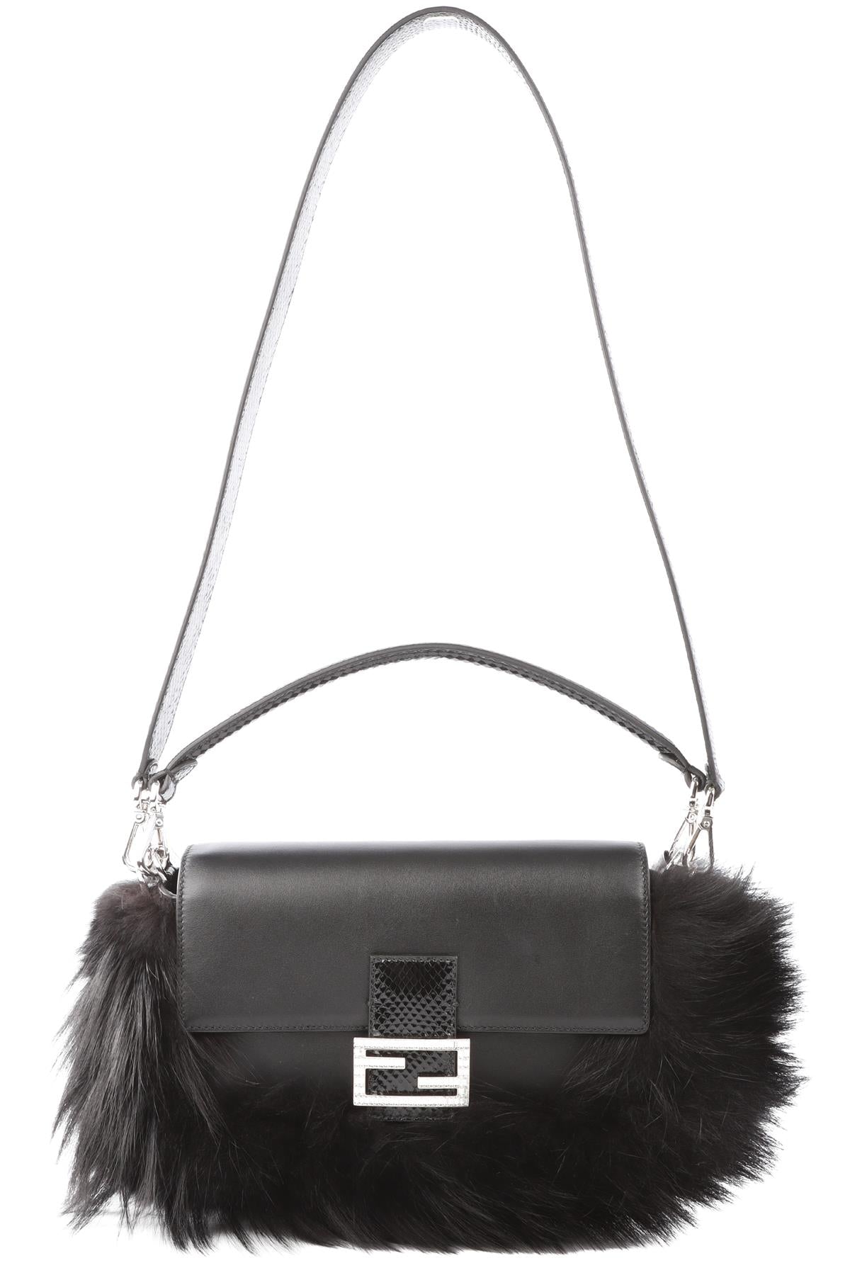FENDI BLACK BAGUETTE MEDIUM FOX FUR AND LEATHER SHOULDER BAG
