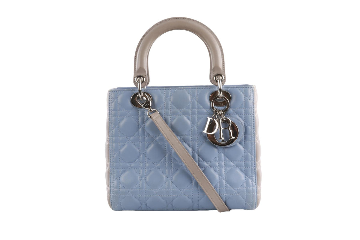 CHRISTIAN DIOR BLUE LADY DIOR MEDIUM BI-COLOUR CANNAGE LEATHER TOTE BAG