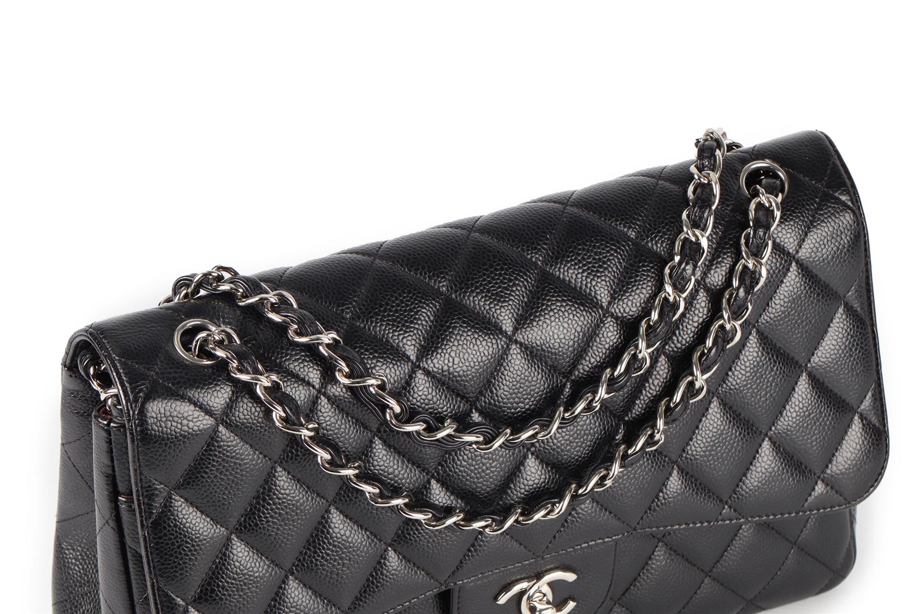 CHANEL BLACK 2011 CLASSIC DOUBLE FLAP JUMBO QUILTED CAVIAR LEATHER SHOULDER BAG