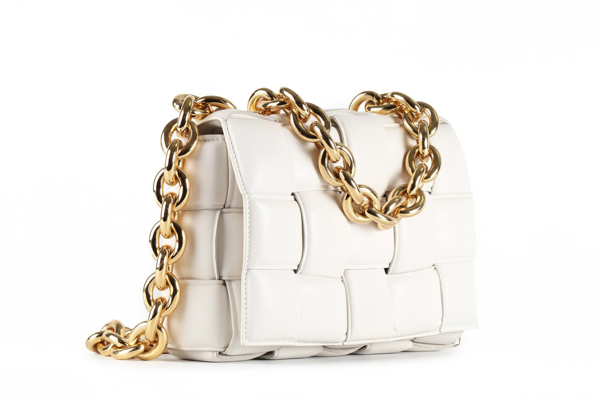 BOTTEGA VENETA WHITE THE CHAIN CASSETTE INTRECCIATO LEATHER SHOULDER BAG