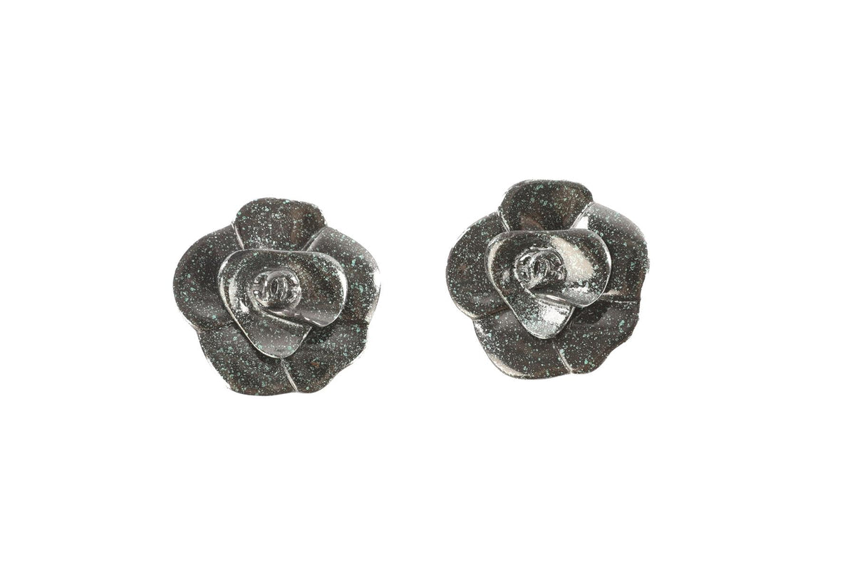CHANEL GREEN 2001 CAMELIA CLIP EARRINGS