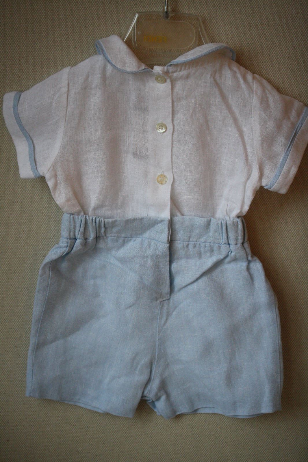 LA STUPENDERIA PALE BLUE LINEN BUSTER ROMPER 3 MONTHS