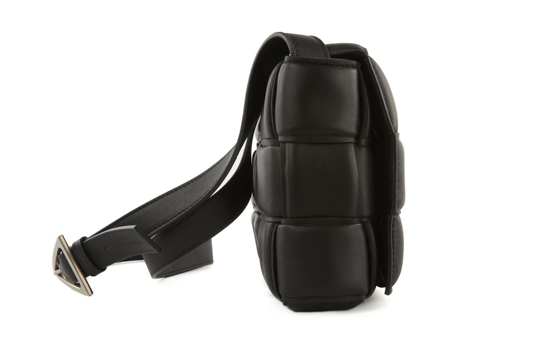 BOTTEGA VENETA BLACK CASSETTE MEDIUM PADDED INTRECCIATO LEATHER SHOULDER BAG