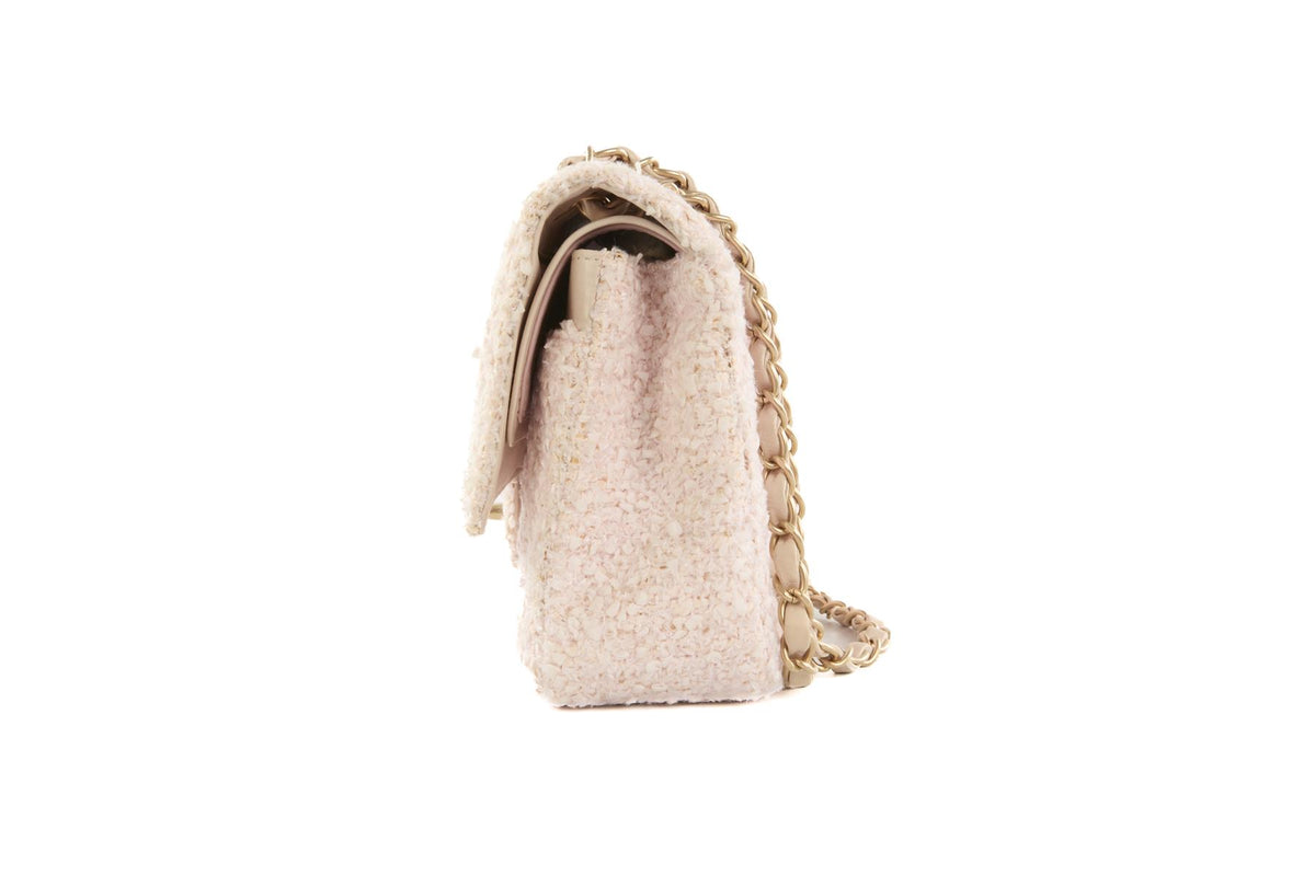 CHANEL PINK 2003-2004 CLASSIC DOUBLE FLAP MEDIUM TWEED SHOULDER BAG