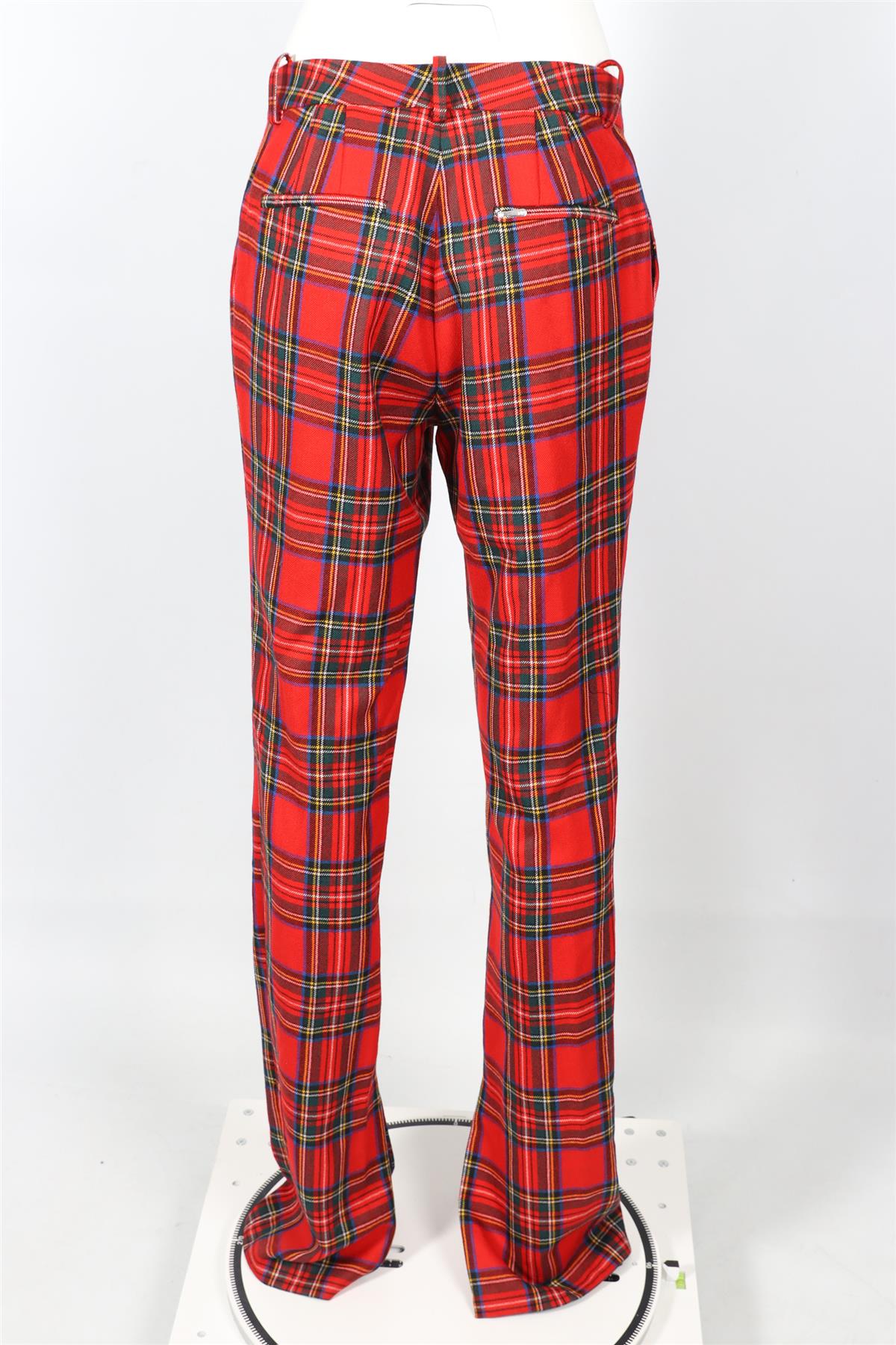 PREEN BY THORNTON BREGAZZI RED CHECKED SILK BLEND STRAIGHT LEG PANTS XSMALL