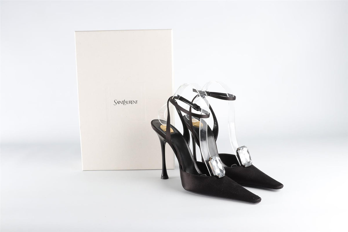 SAINT LAURENT BLACK HARLOW CRYSTAL AND SATIN PUMPS EU 39 UK 6 US 9