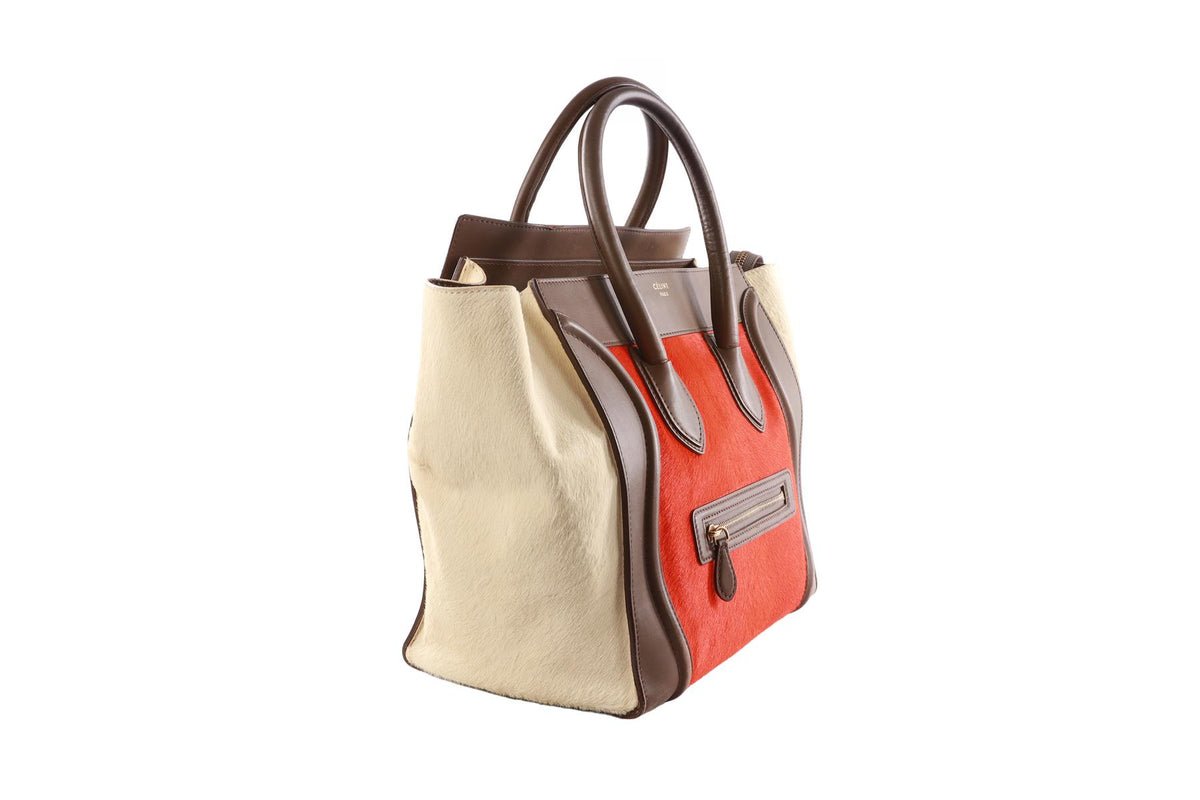 CELINE ORANGE LUGGAGE MINI CALF HAIR AND LEATHER TOTE BAG