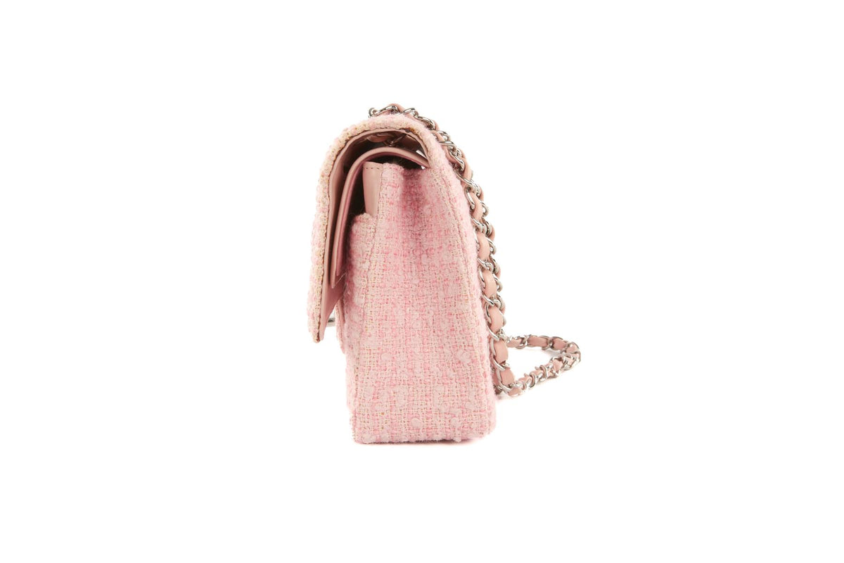 CHANEL PINK 2003-2004 CLASSIC DOUBLE FLAP MEDIUM TWEED SHOULDER BAG
