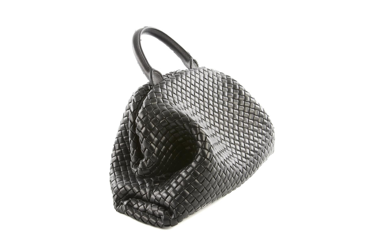 BOTTEGA VENETA BLACK HANDLE MEDIUM INTRECCIATO LEATHER TOTE BAG