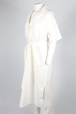 CH CAROLINA HERRERA WHITE BELTED COTTON BLEND MIDI DRESS LARGE