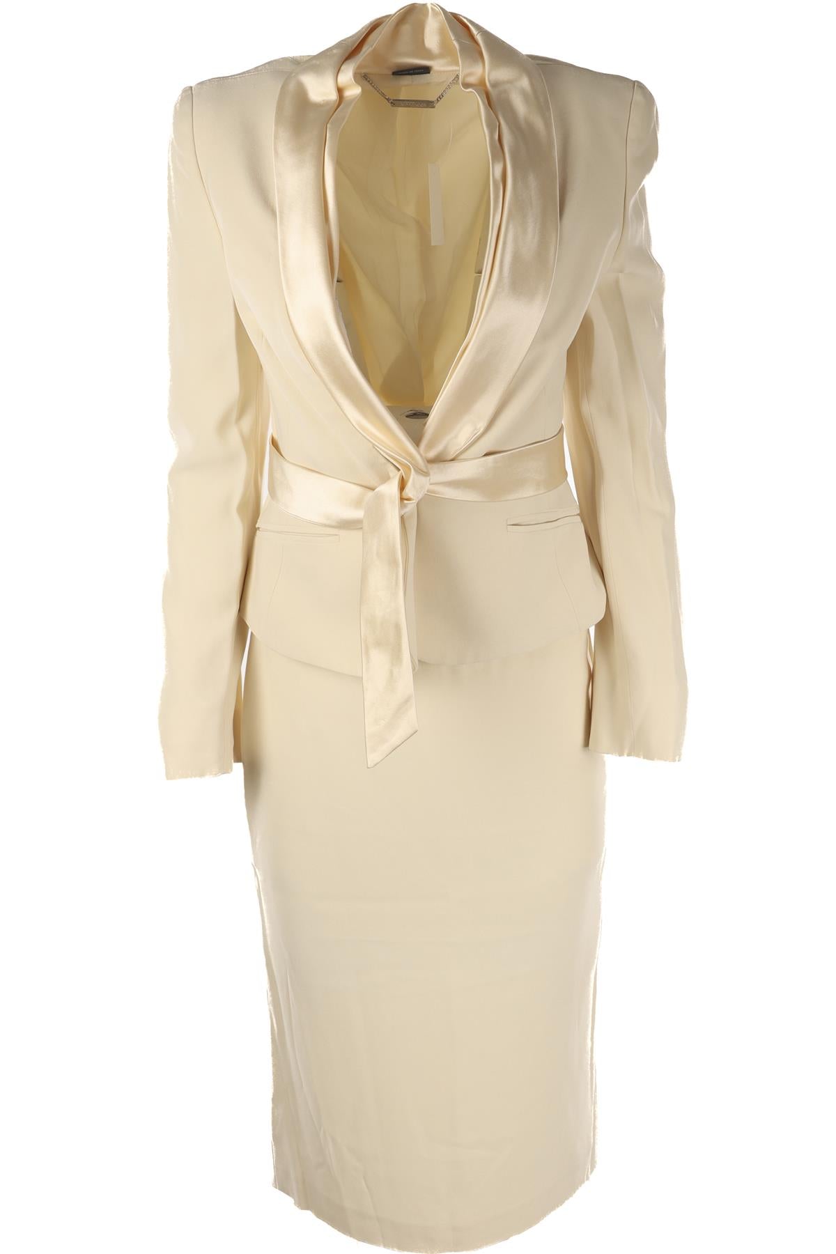 ALEXANDER MCQUEEN CREAM 2006 CREPE SKIRT AND BLAZER SET IT 42 UK 10