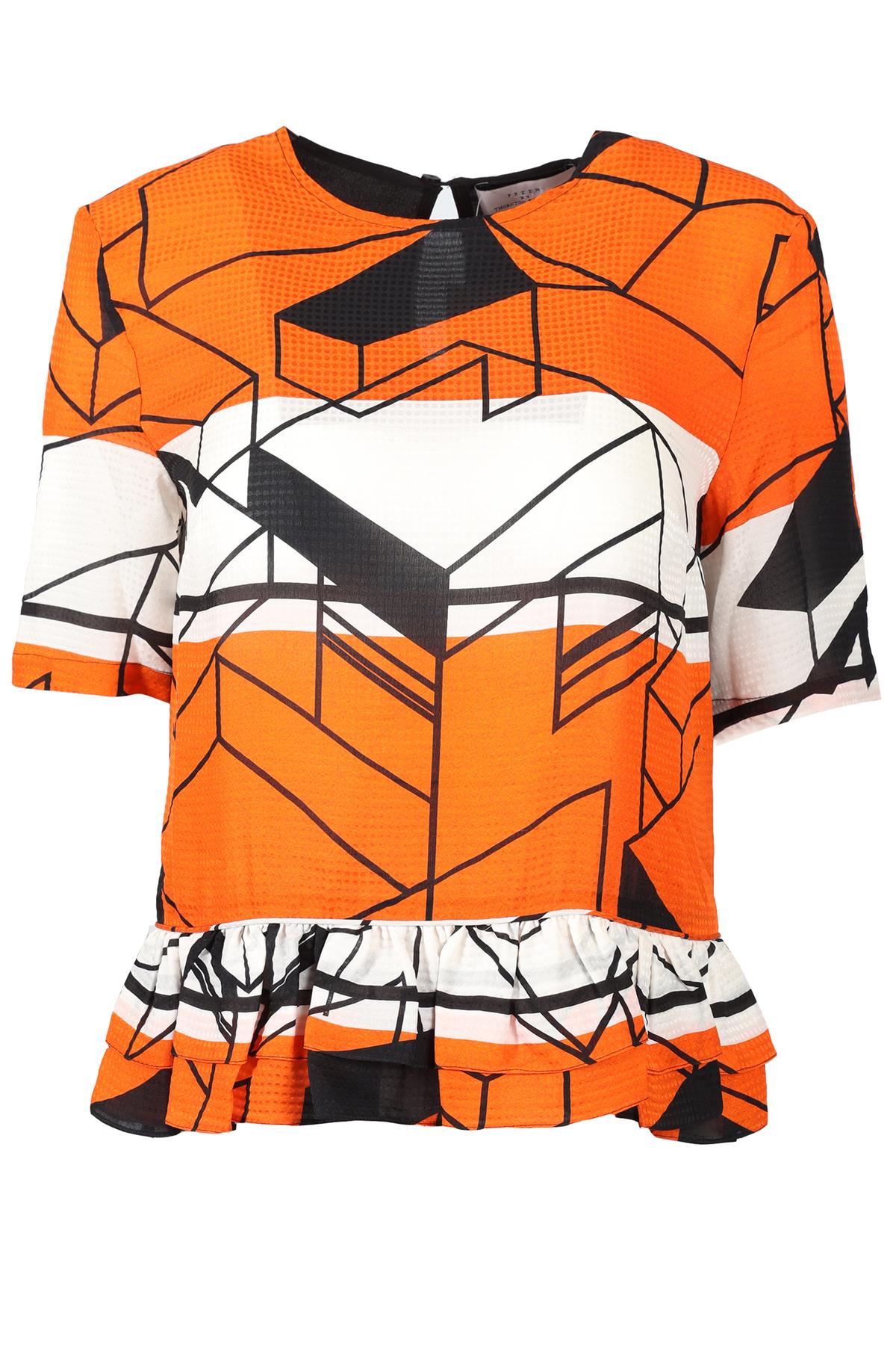 PREEN BY THORNTON BREGAZZI ORANGE, BLACK AND WHITE PRINTED CREPE TOP XSMALL