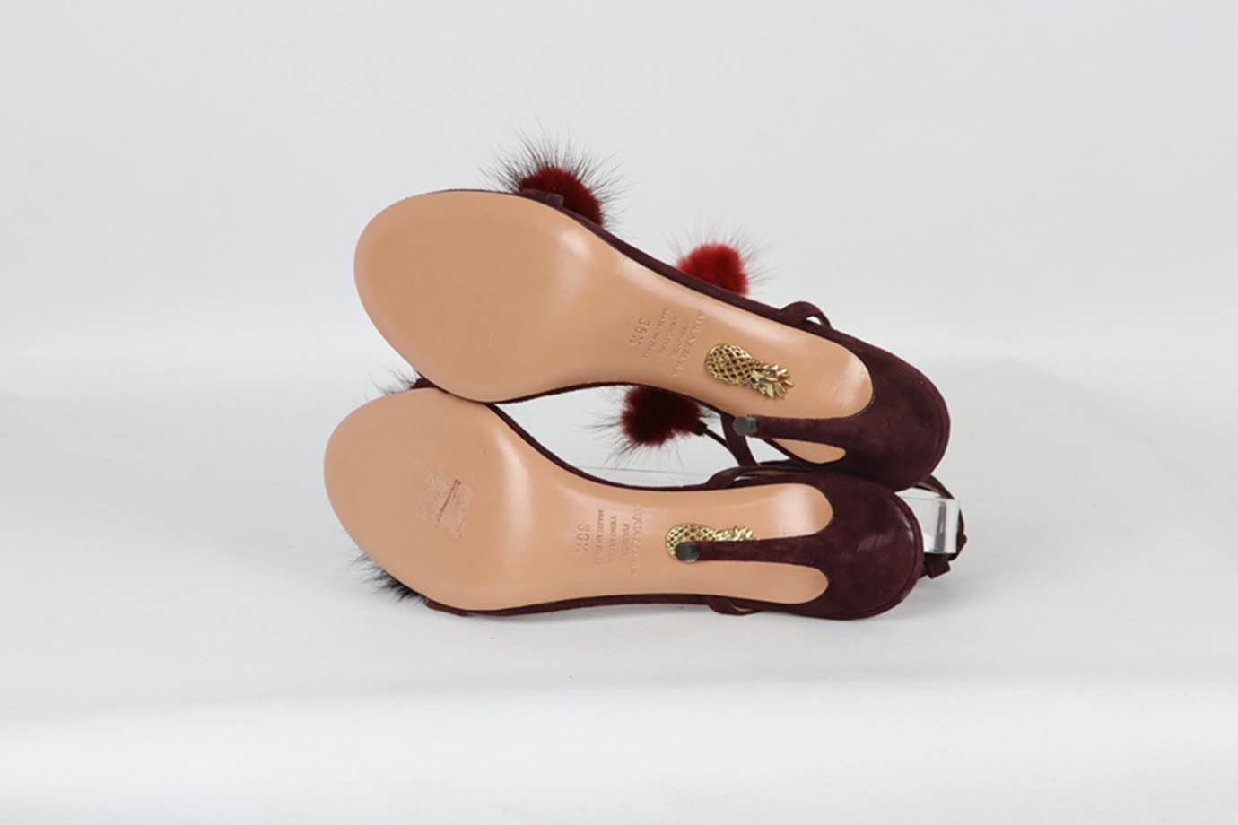 AQUAZZURA FUR TRIMMED SUEDE SANDALS EU 38.5 UK 5.5 US 8.5