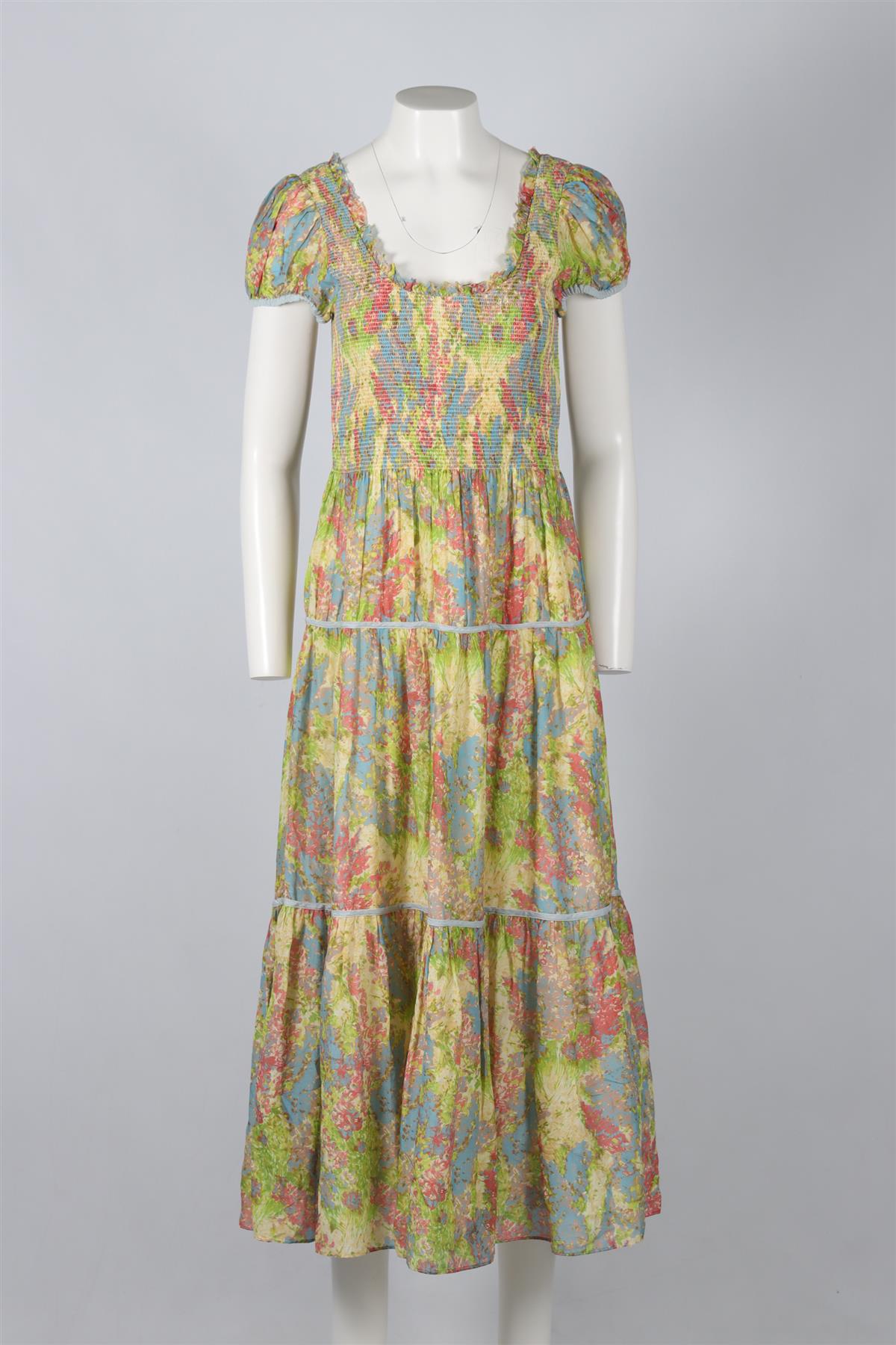 LOVESHACKFANCY MULTICOLOURED FLORAL PRINT COTTON BLEND MAXI DRESS SMALL
