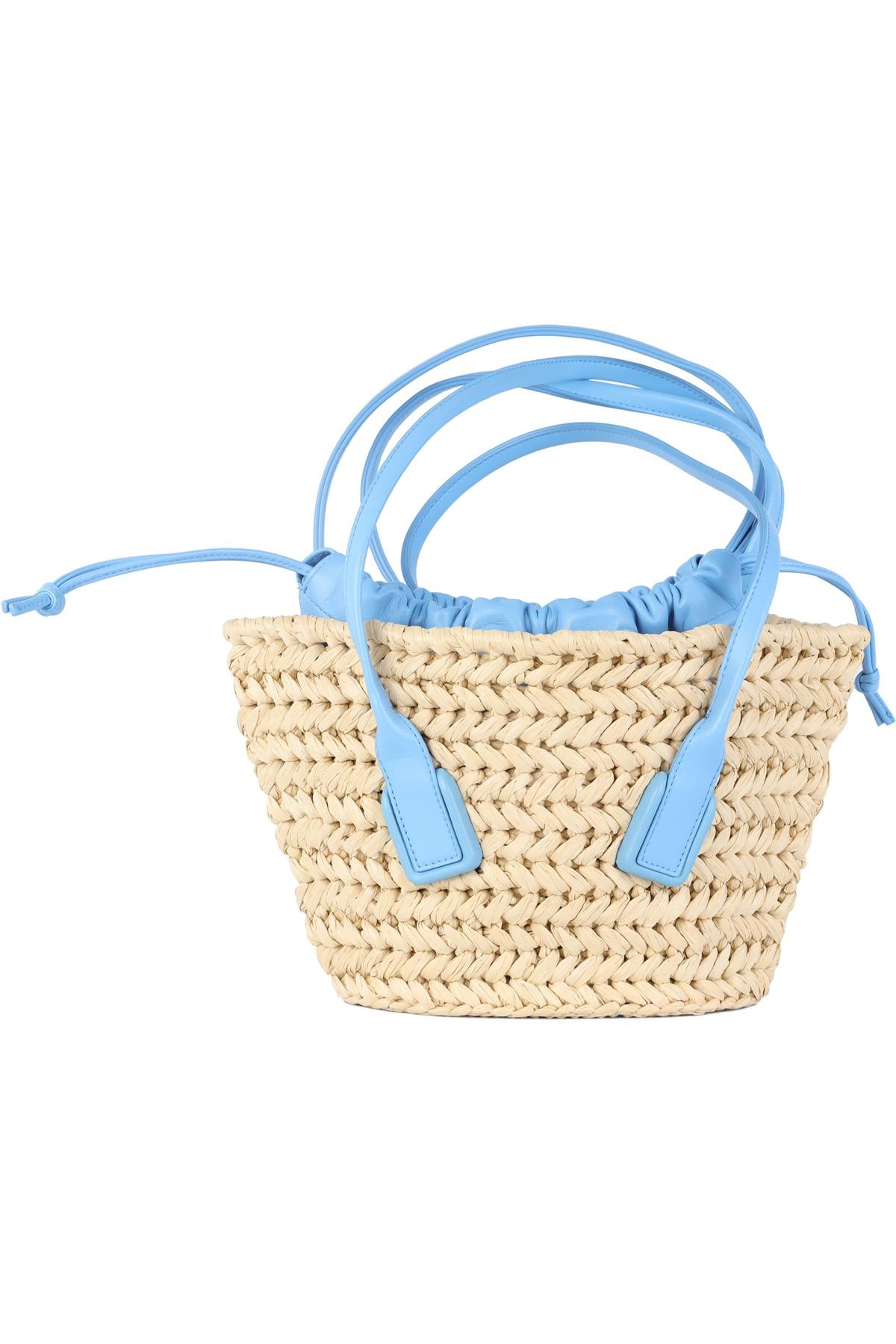 BOTTEGA VENETA BLUE ARCO SMALL RAFFIA TOTE BAG