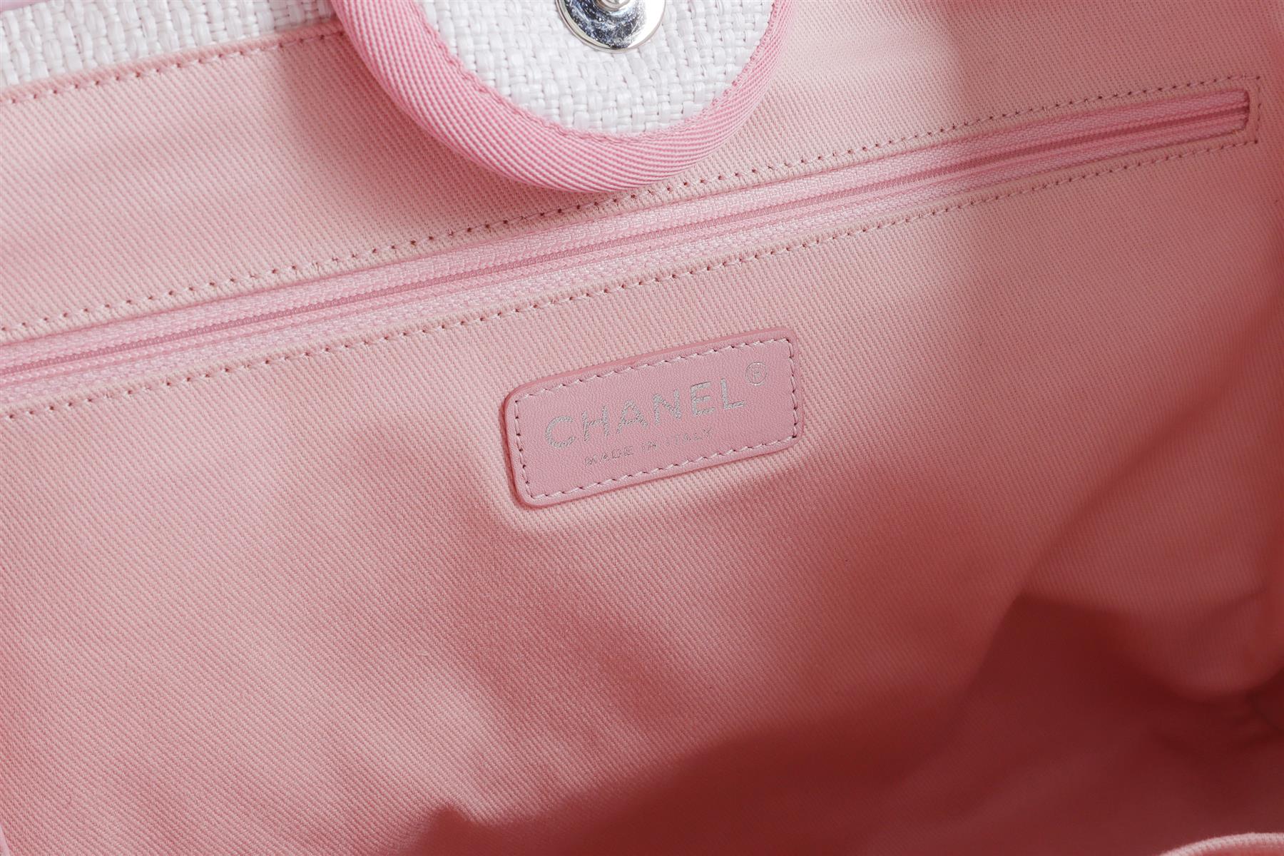 CHANEL WHITE 2015 - 2016 DEAUVILLE MEDIUM FABRIC TOTE BAG (COMES WITH AUTHENTICITY CARD)