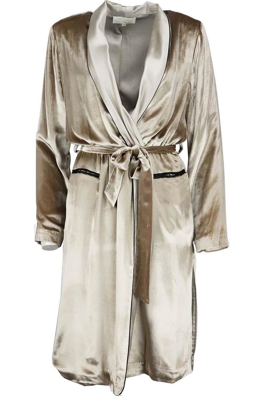 FLEUR DU MAL SILK CHARMEUSE TRIMMED VELVET ROBE SMALL/MEDIUM