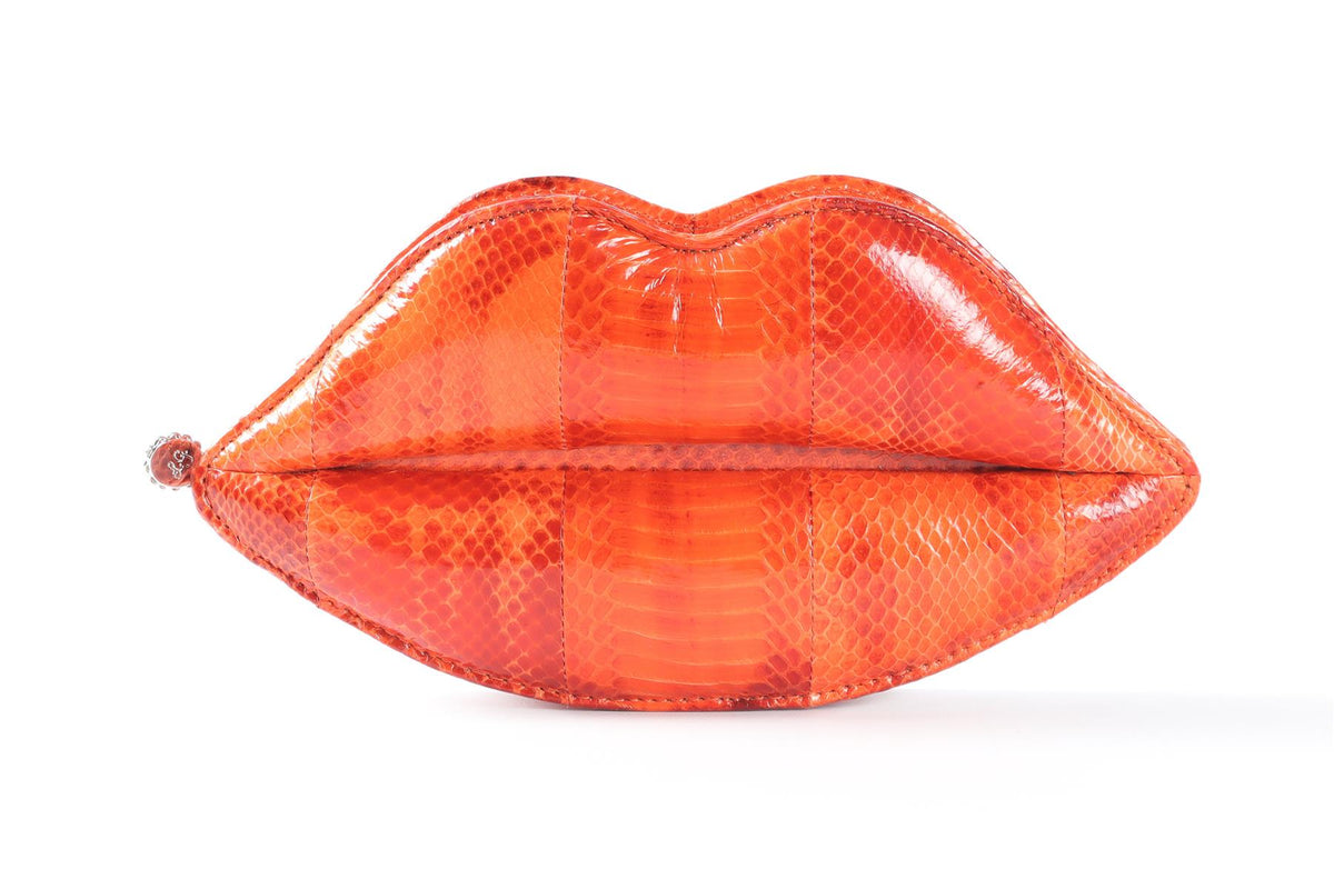 LULU GUINNESS ORANGE LIPS SNAKESKIN CLUTCH