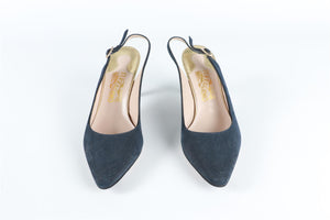 SALVATORE FERRAGAMO BLUE CANVAS SLINGBACK PUMPS