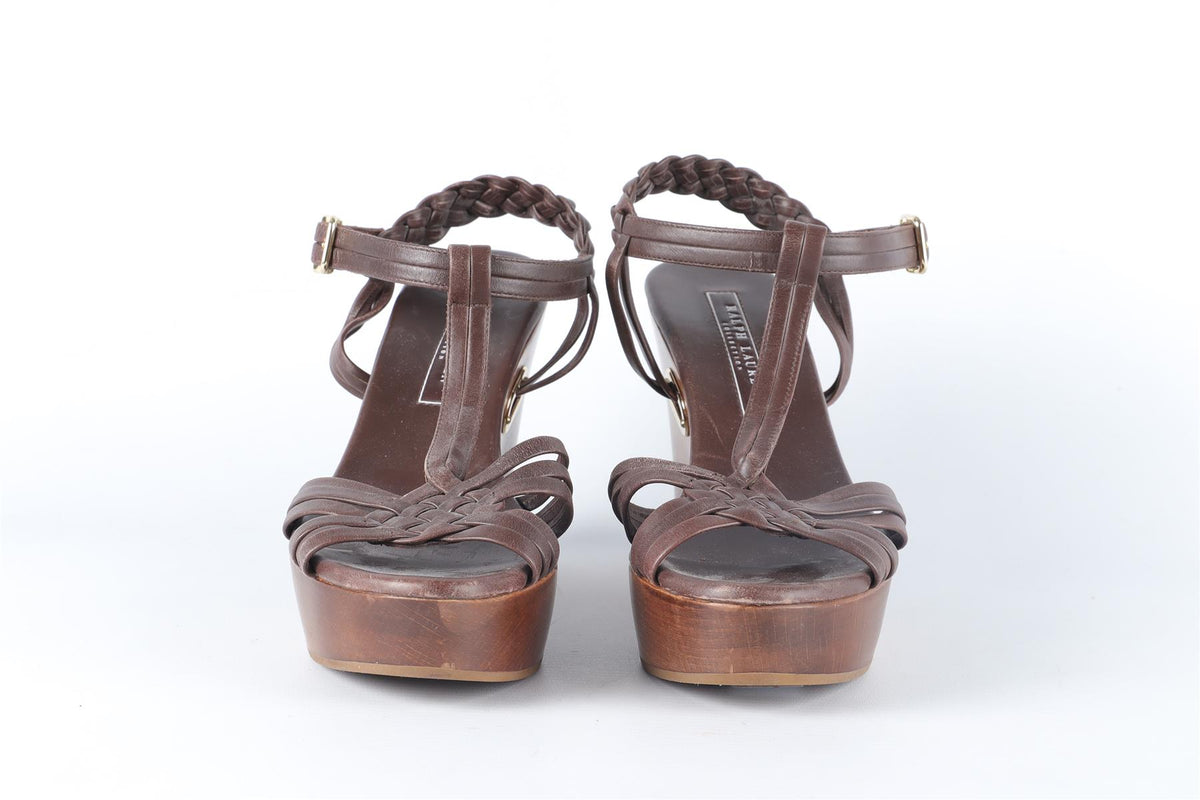 RALPH LAUREN COLLECTION BROWN LEATHER WEDGE SANDALS EU 37.5 UK 4.5 US 7.5