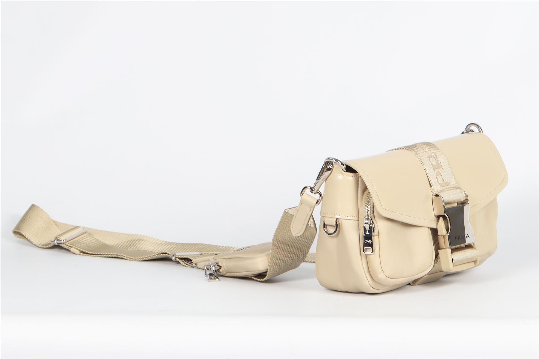 PRADA BEIGE POCKET LEATHER AND RE-NYLON SHOULDER BAG