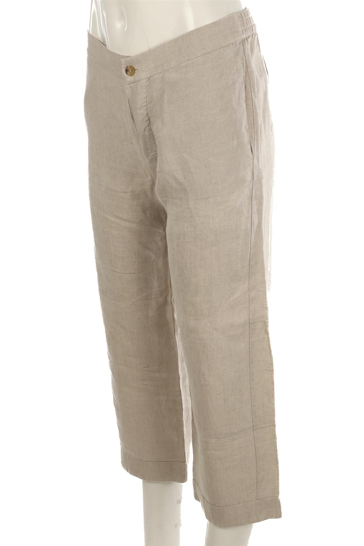 ASCENO BEIGE LINEN STRAIGHT LEG PANTS SMALL