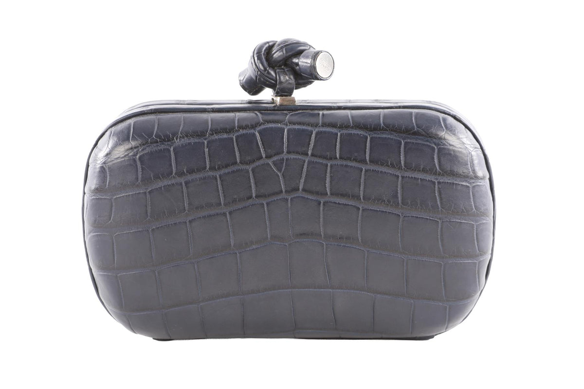 BOTTEGA VENETA NAVY KNOT CROCODILE CLUTCH