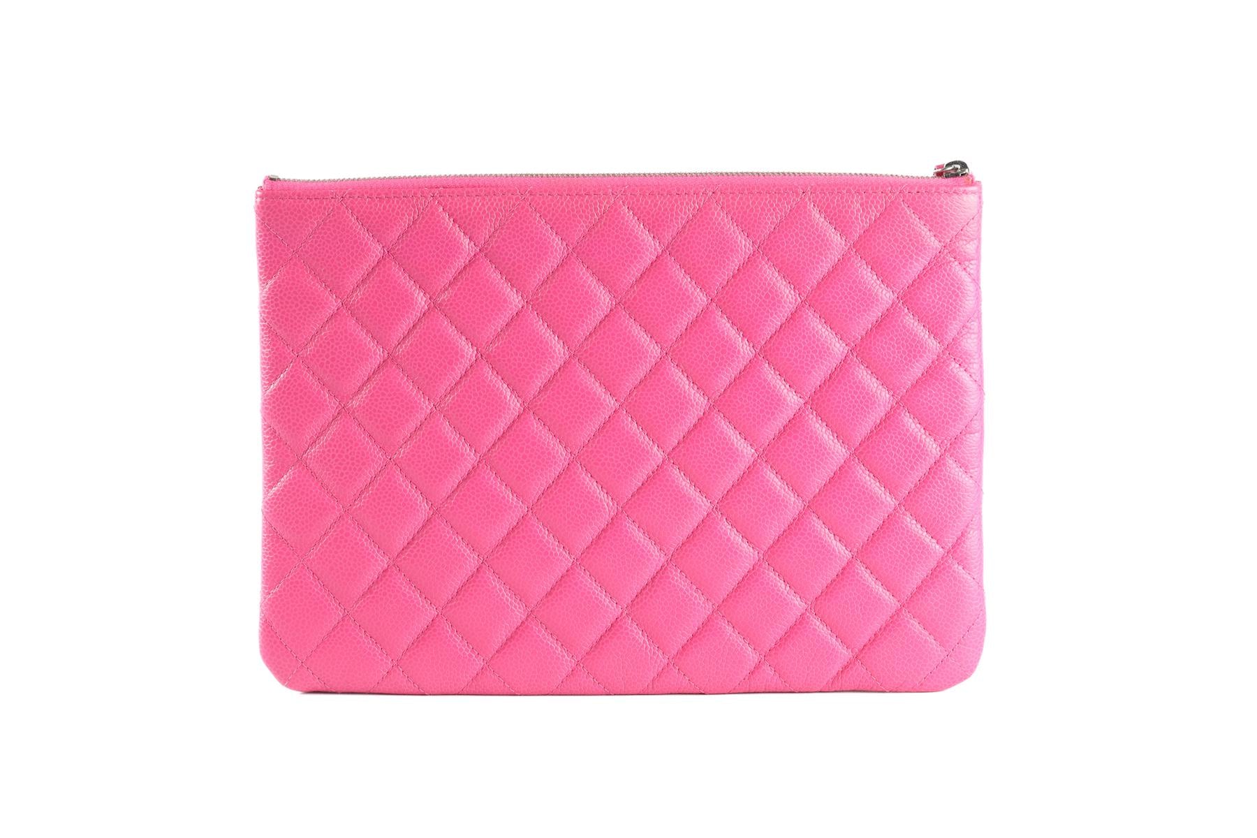 CHANEL PINK 2014 O-CASE MEDIUM QUILTED CAVIAR LEATHER CLUTCH