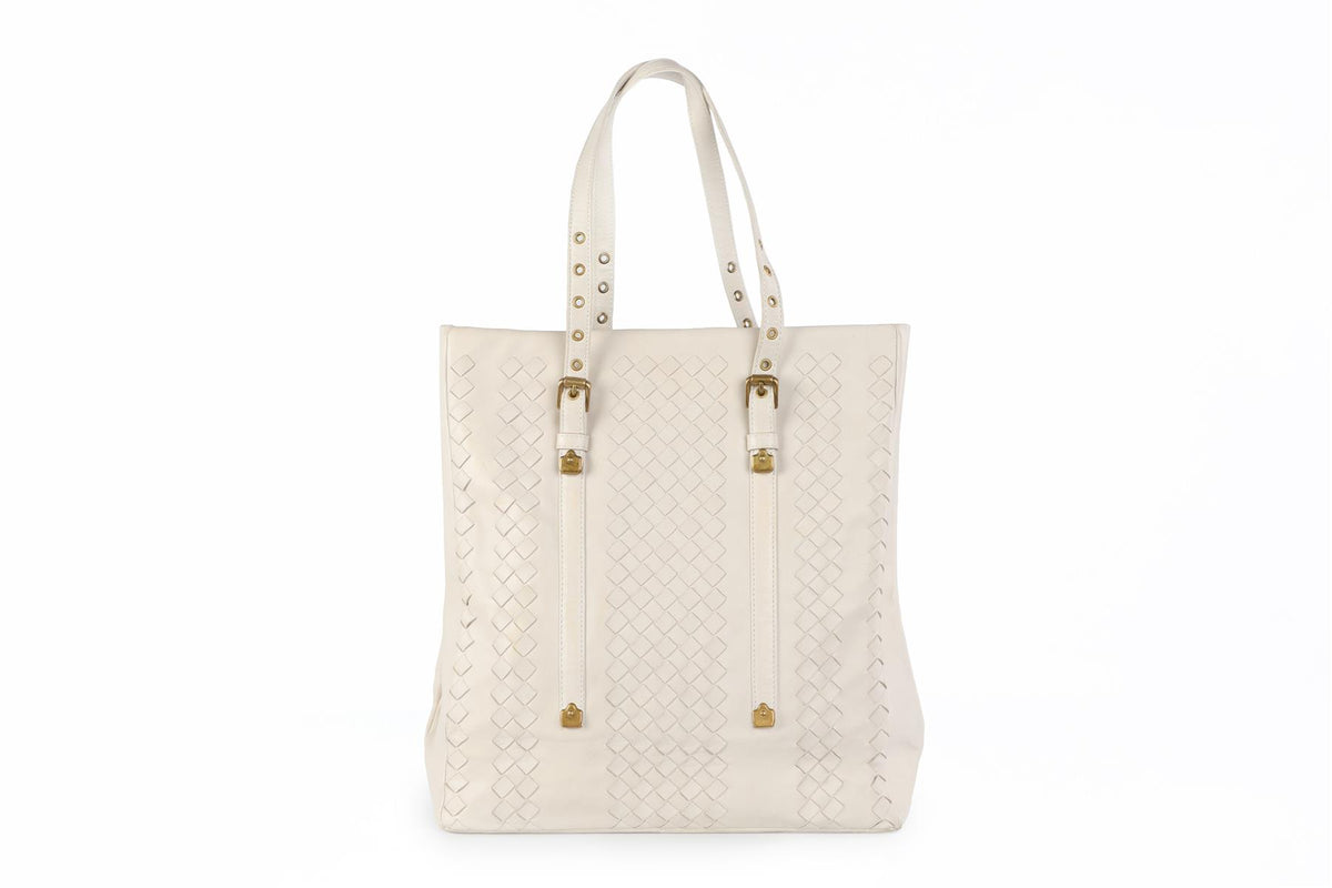 BOTTEGA VENETA ECRU INTRECCIATO LEATHER TOTE BAG