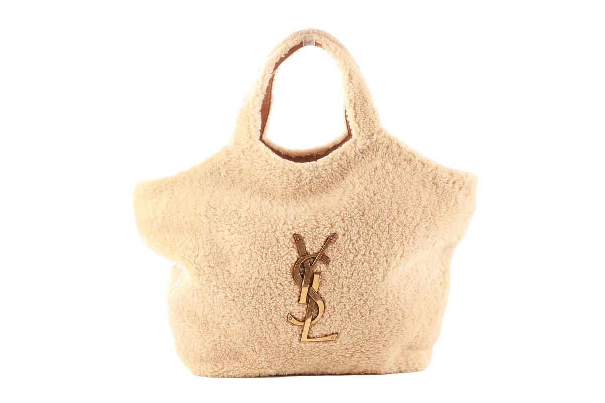 SAINT LAURENT BEIGE ICARE MAXI SHEARLING TOTE BAG