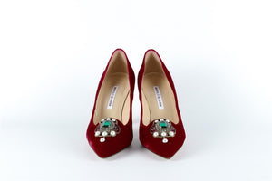 MANOLO BLAHNIK RED CRYSTAL AND VELVET PUMPS EU 38.5 UK 5.5 US 8.5