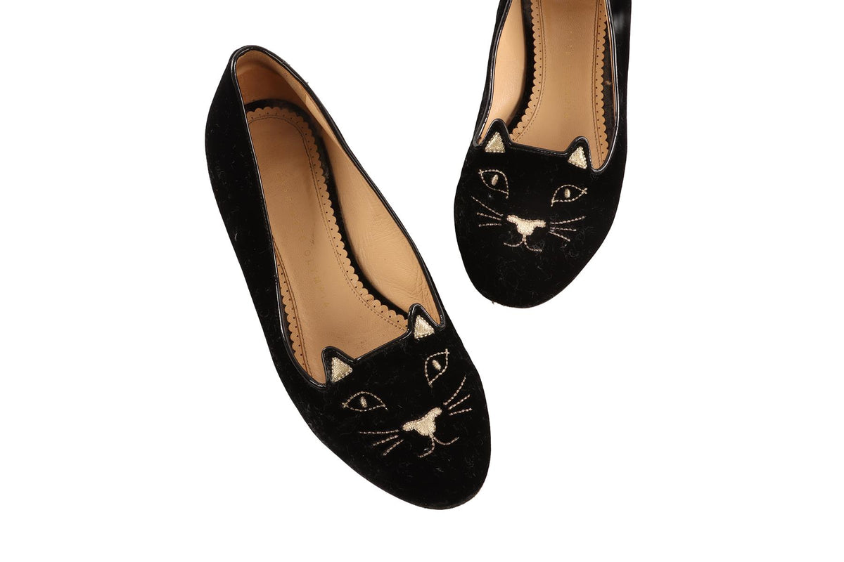 CHARLOTTE OLYMPIA BLACK VELVET BALLET FLATS EU 37.5 UK 4.5