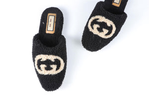 GUCCI BLACK EILEEN GG SHEARLING SLIPPERS EU 40 UK 7 US 10