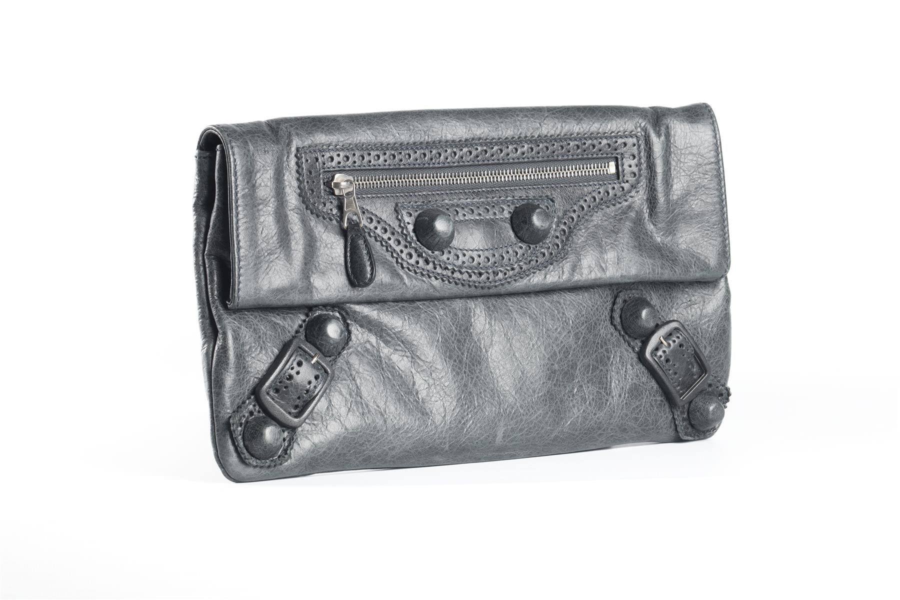 BALENCIAGA GREY GIANT 21 ENVELOPE LEATHER CLUTCH