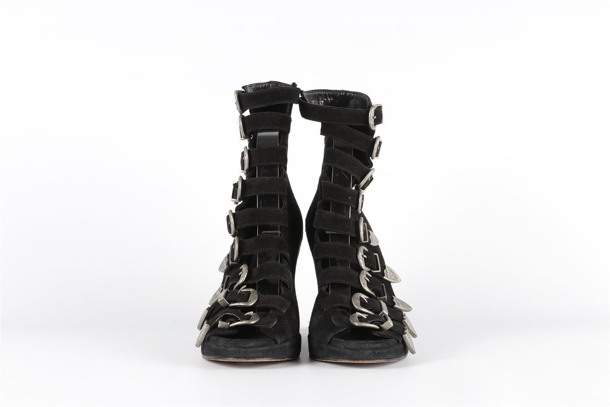 OPENING CEREMONY + CHLOE SEVIGNY BLACK SUEDE WEDGE SANDALS EU 38 UK 5 US 8