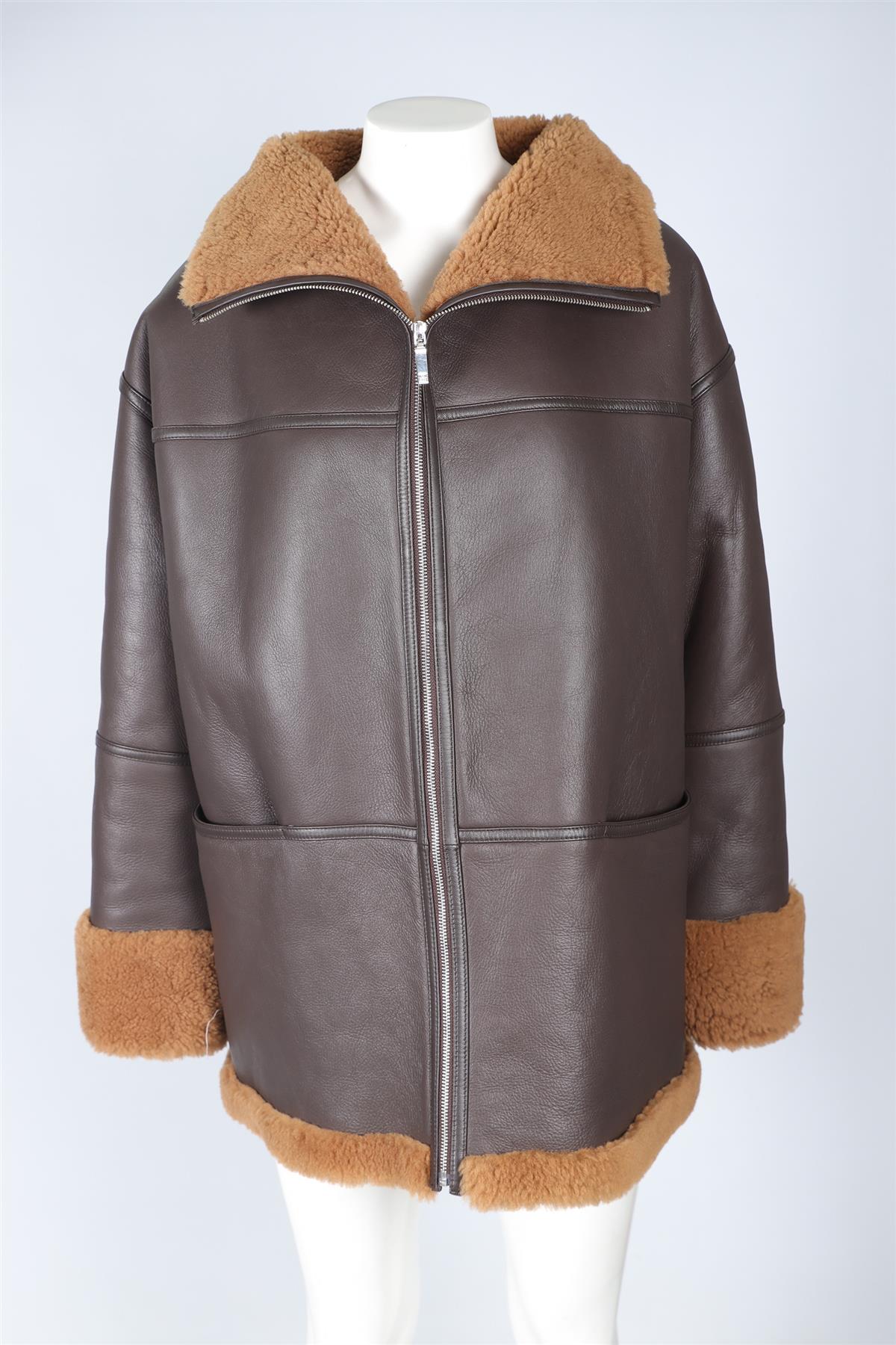 TOTEME BROWN SHEARLING AND LEATHER JACKET XS-SMALL