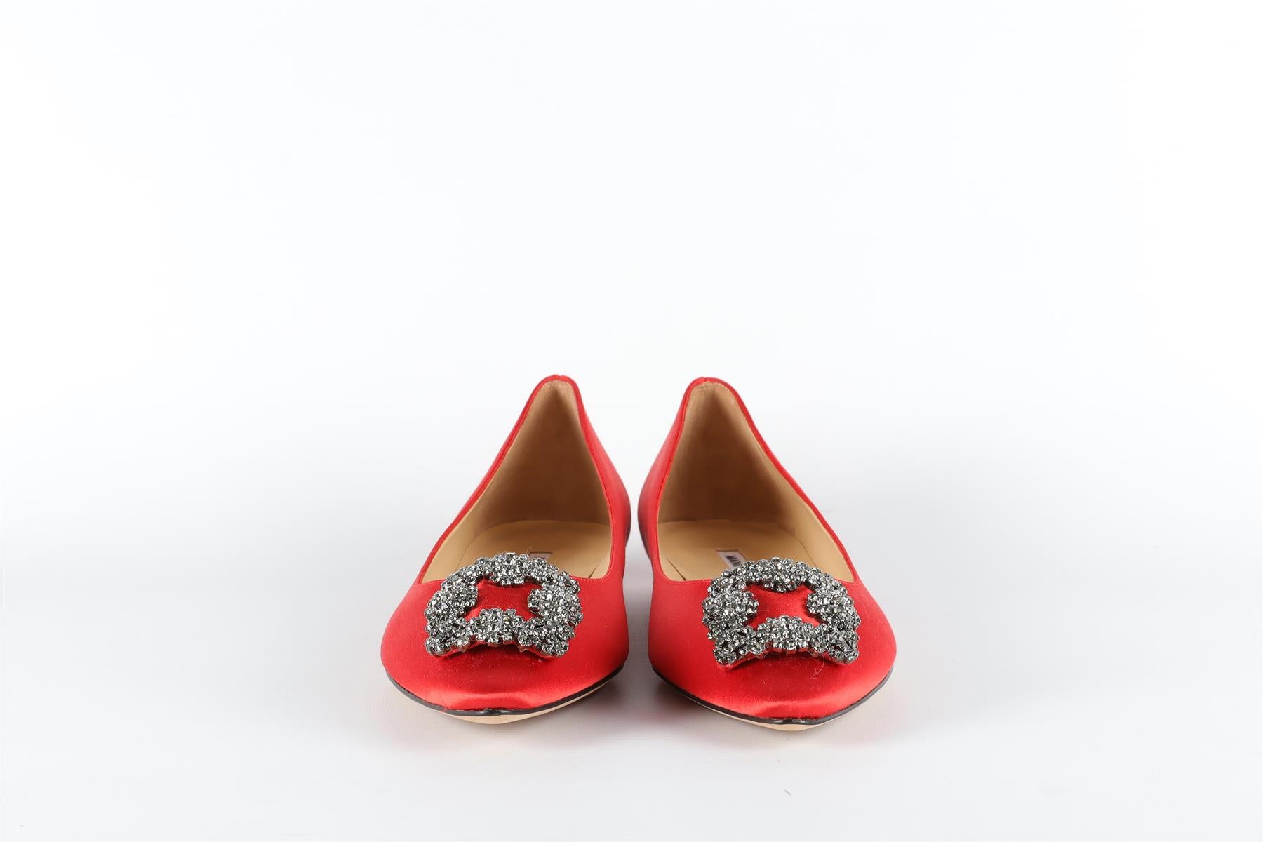 MANOLO BLAHNIK RED HANGISI SATIN BALLERINA FLATS EU 37.5 UK 4.5 US 7.5