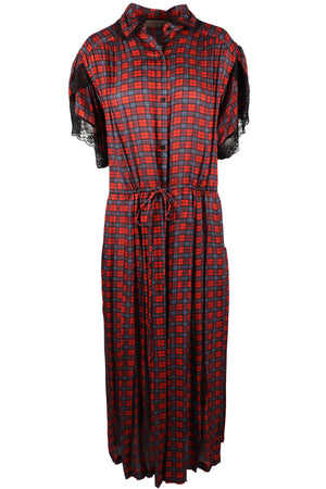 PREEN LINE RED, NAVY AND BLACK CHECKED SATIN MAXI DRESS MEDIUM