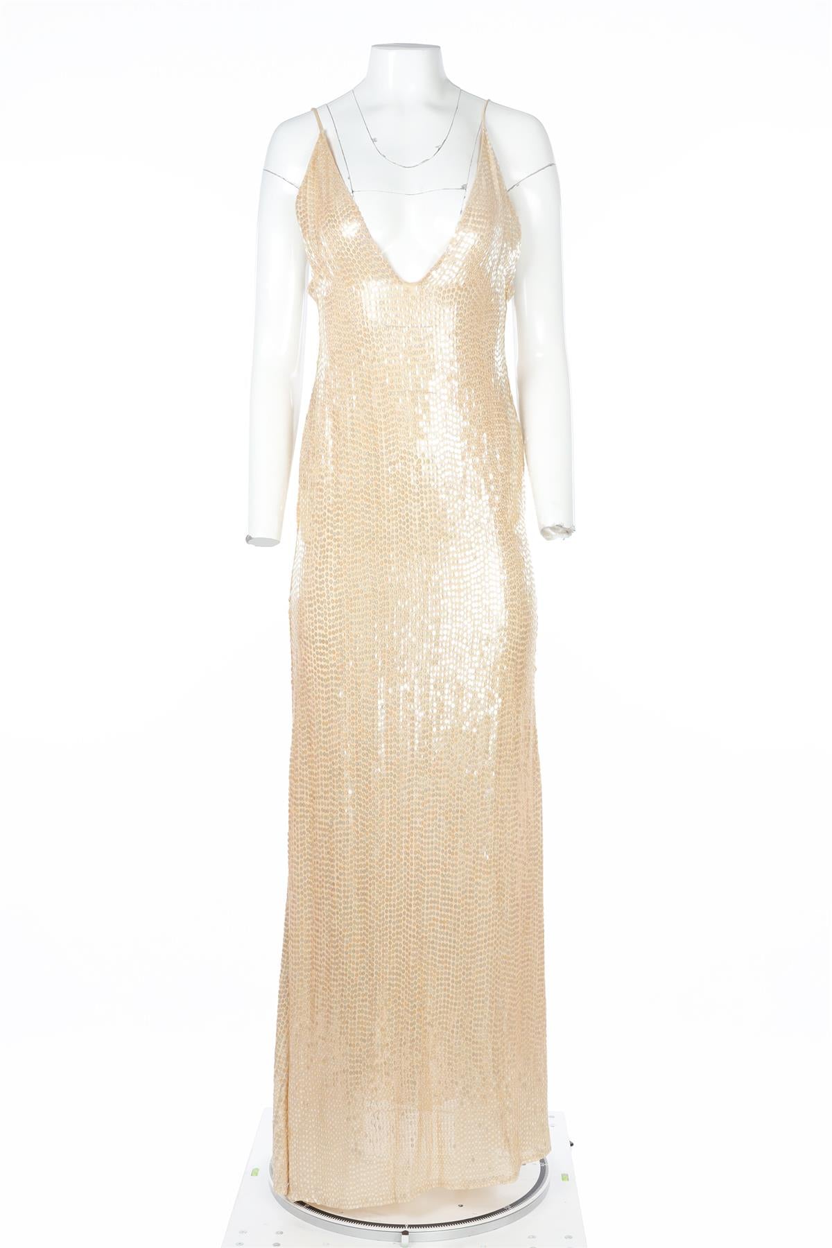 THE NEW ARRIVALS ILKYAZ OZEL BEIGE SEQUIN MAXI DRESS FR 34 UK 6